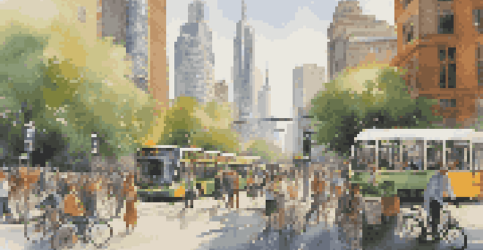 A busy city scene with modern skyscrapers, public transportation, and people commuting under warm sunlight.