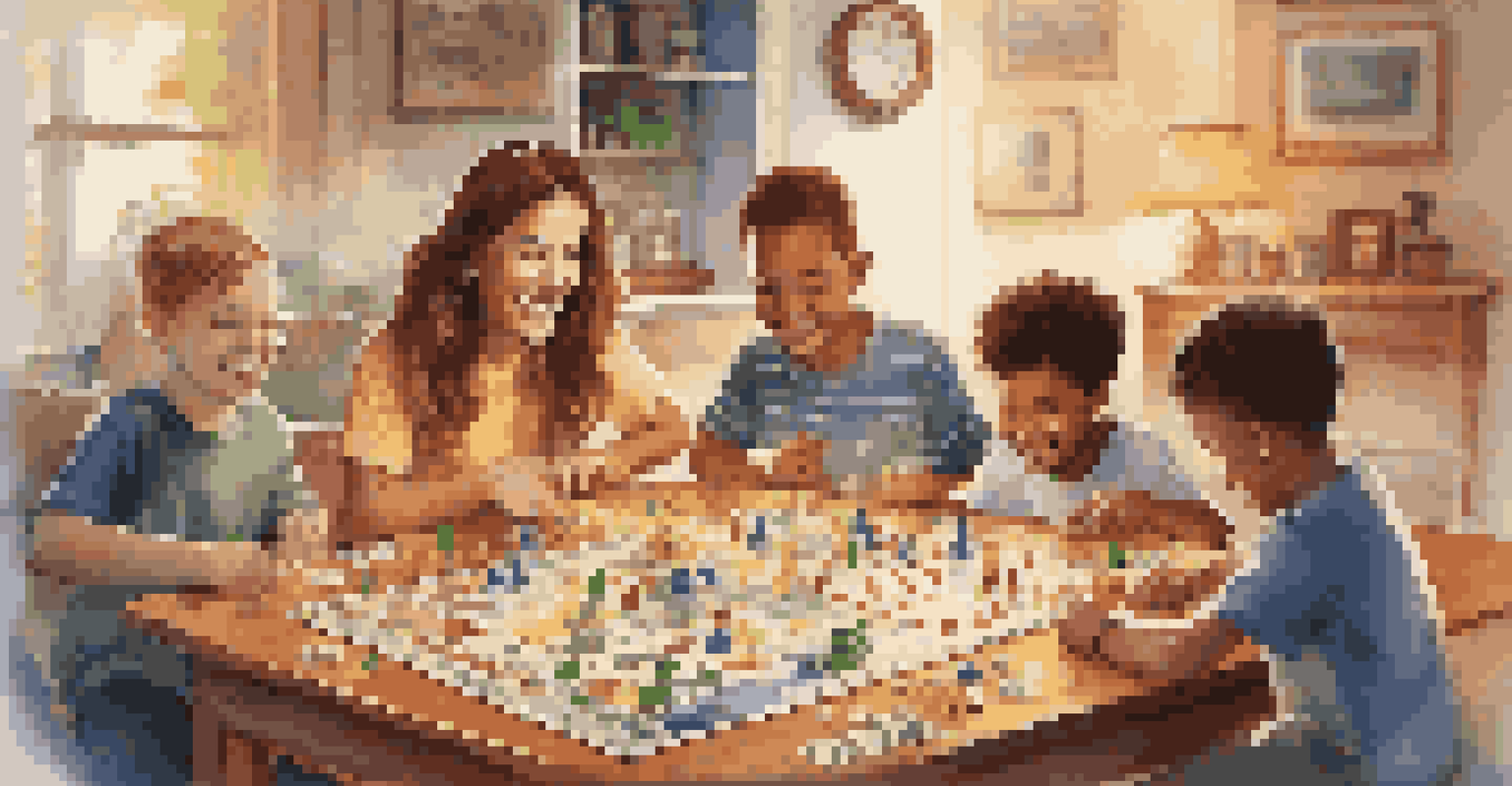 A family playing a board game that teaches investing principles, surrounded by game pieces and colorful charts.
