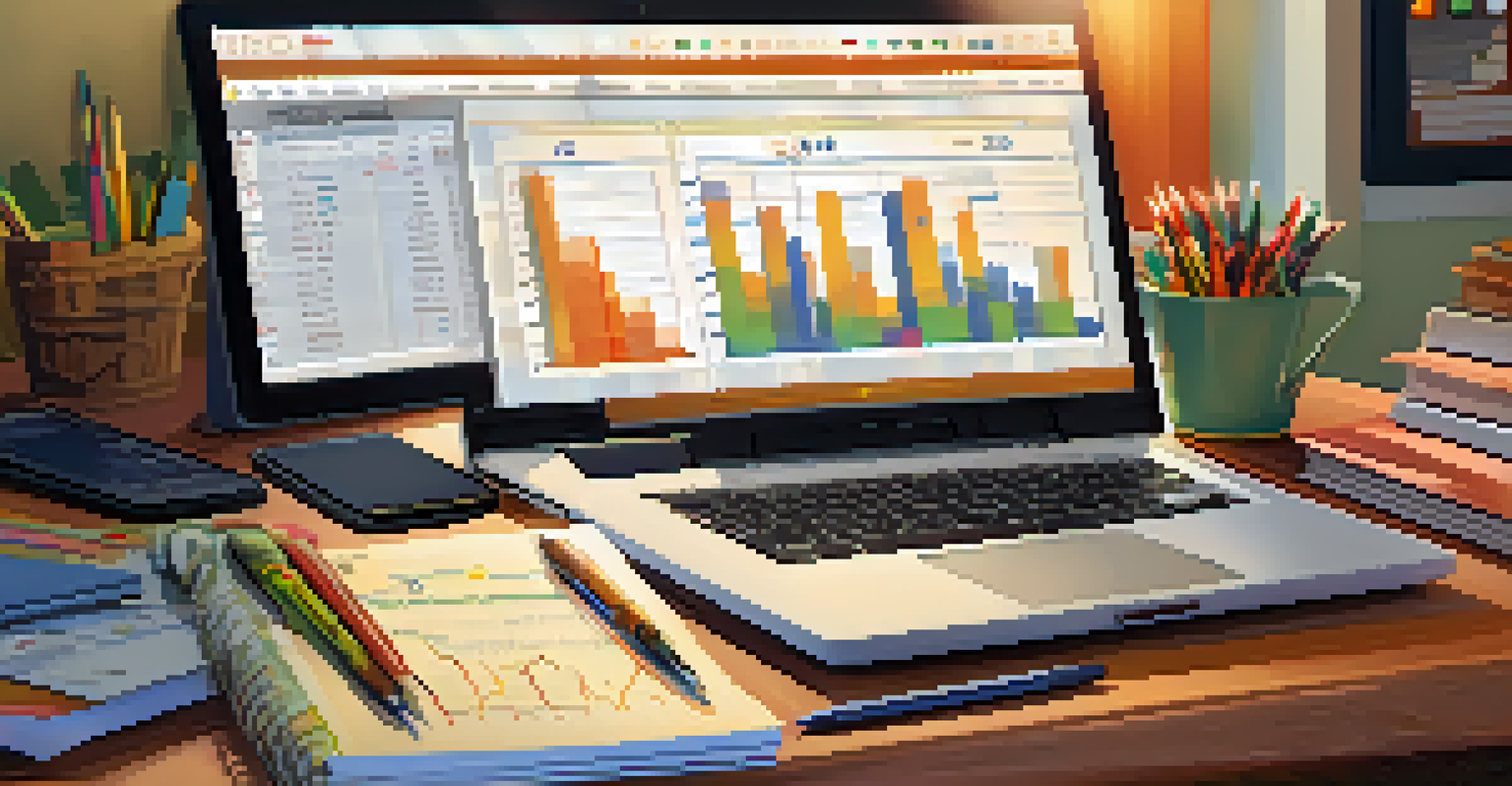 A well-arranged desk with a laptop, financial charts, and a notepad for retirement planning under warm lighting.