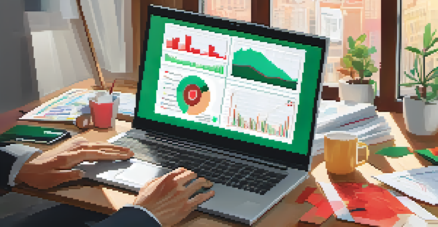 A financial analyst's hands on a laptop with economic data displayed, surrounded by charts and papers.