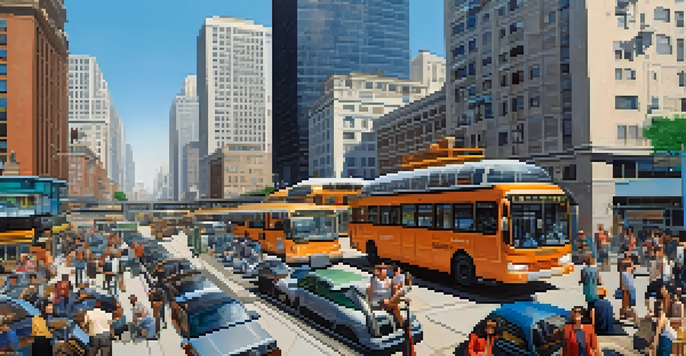 A busy city scene with modern buildings, public transportation, and solar panels, depicting urban life and infrastructure.