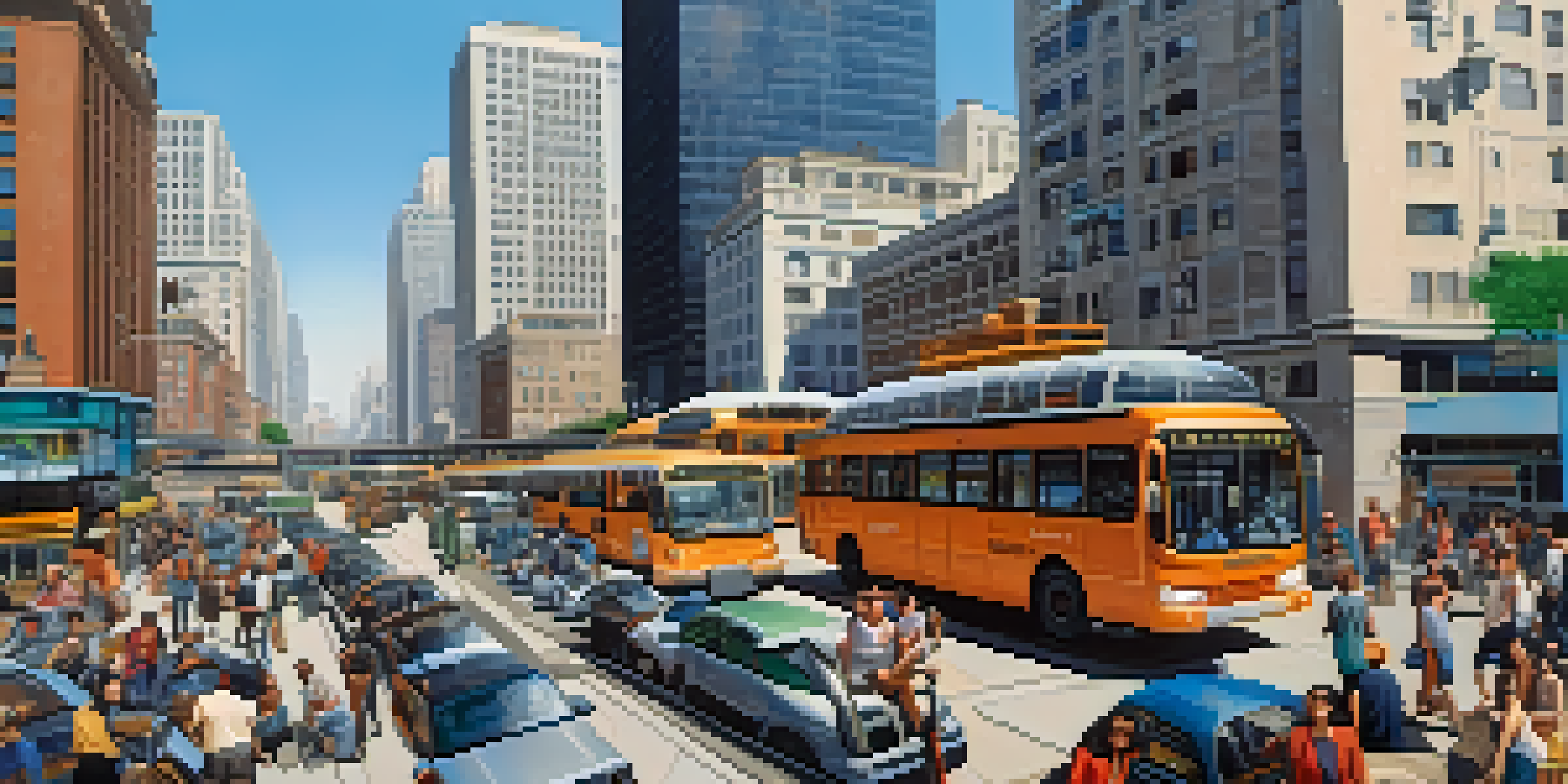 A busy city scene with modern buildings, public transportation, and solar panels, depicting urban life and infrastructure.