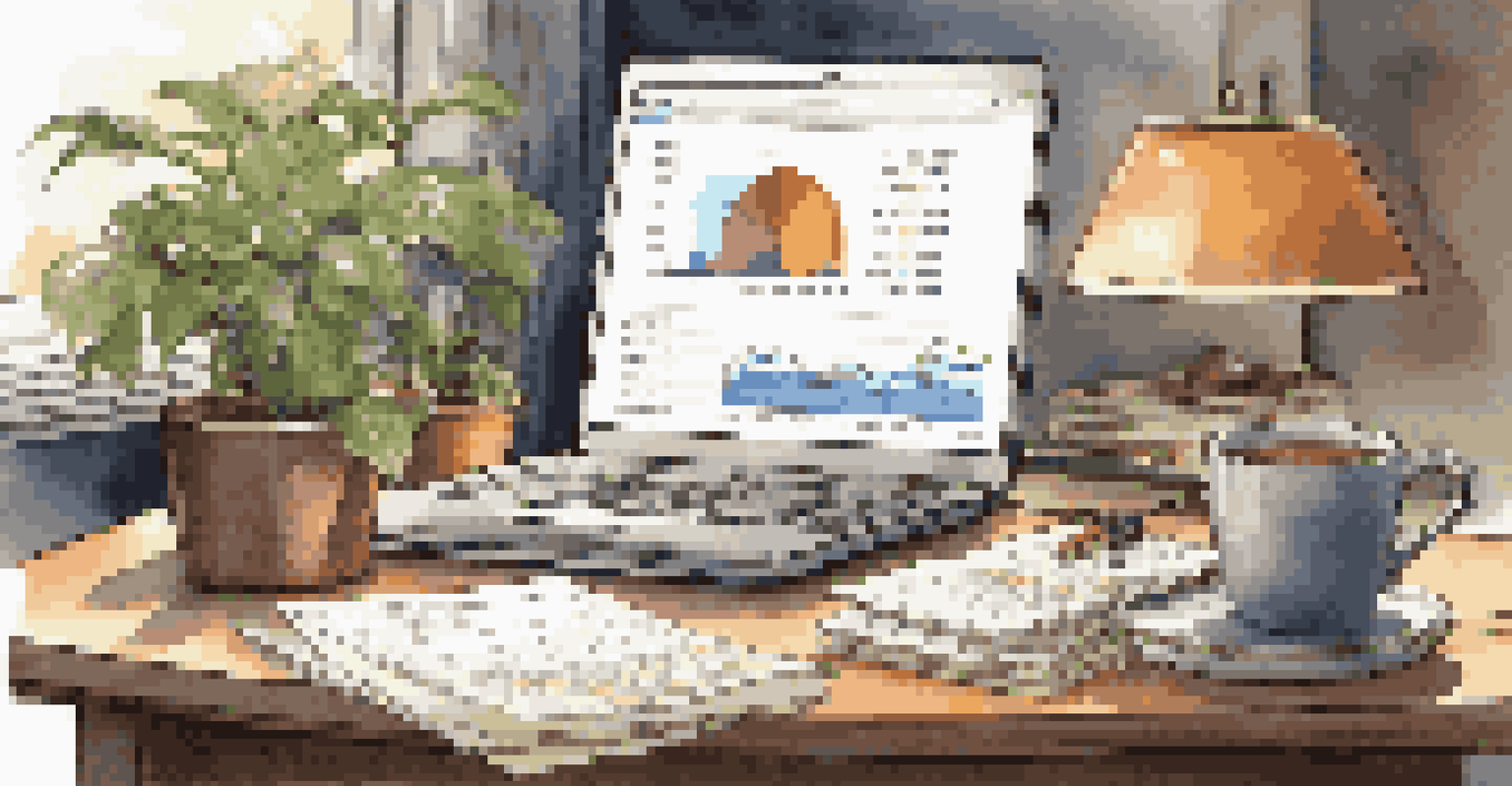An organized office desk with financial documents, a laptop, and a coffee cup, illuminated by a desk lamp.