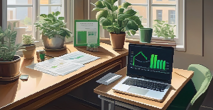 A serene office space with a desk holding financial papers and a laptop, illuminated by soft natural light.