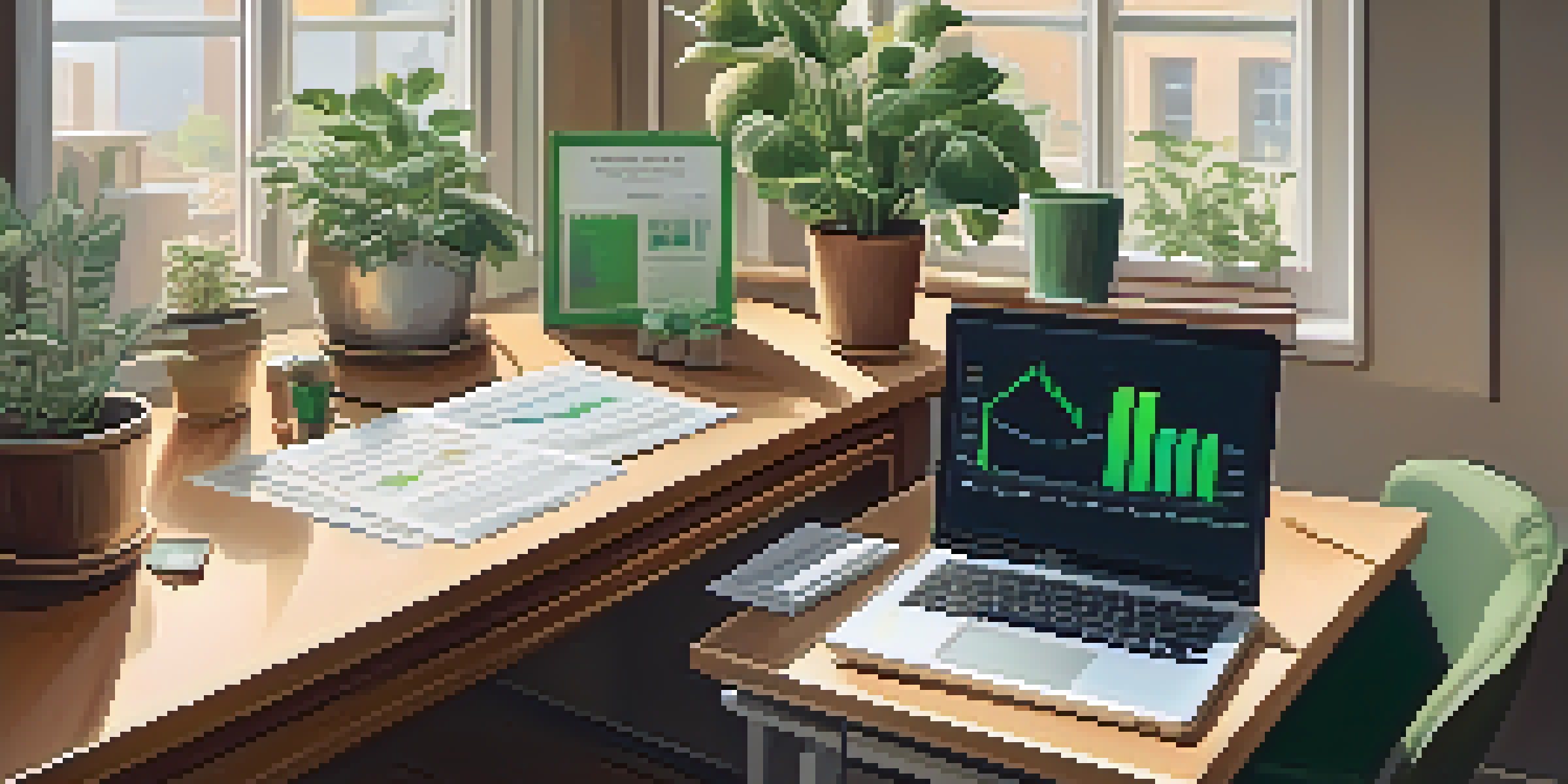 A serene office space with a desk holding financial papers and a laptop, illuminated by soft natural light.