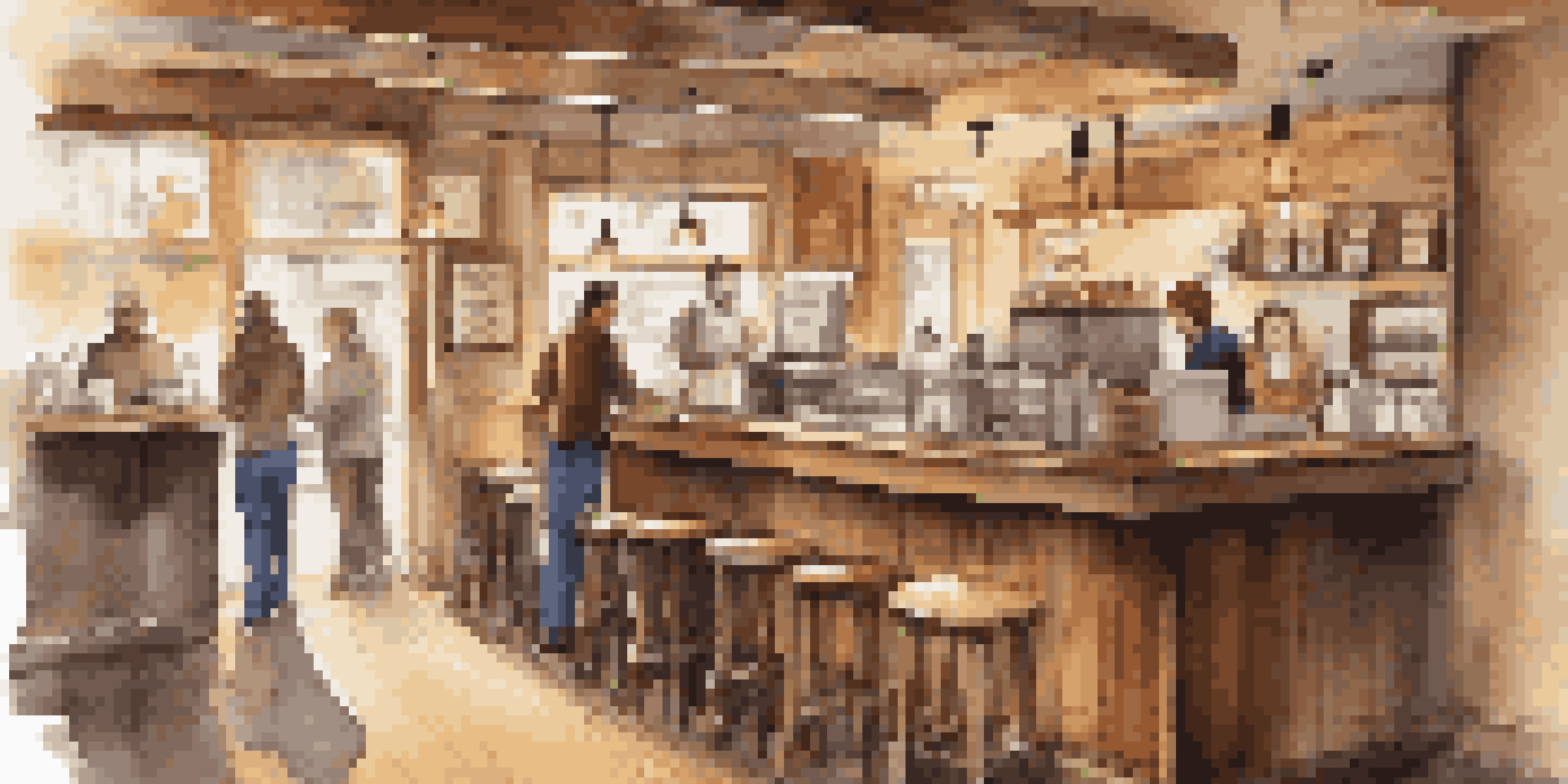 A cozy coffee shop with wooden furniture, a barista making coffee, and customers engaged in conversations.