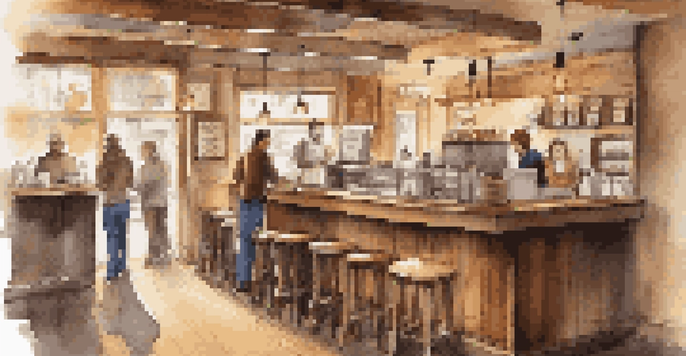 A cozy coffee shop with wooden furniture, a barista making coffee, and customers engaged in conversations.