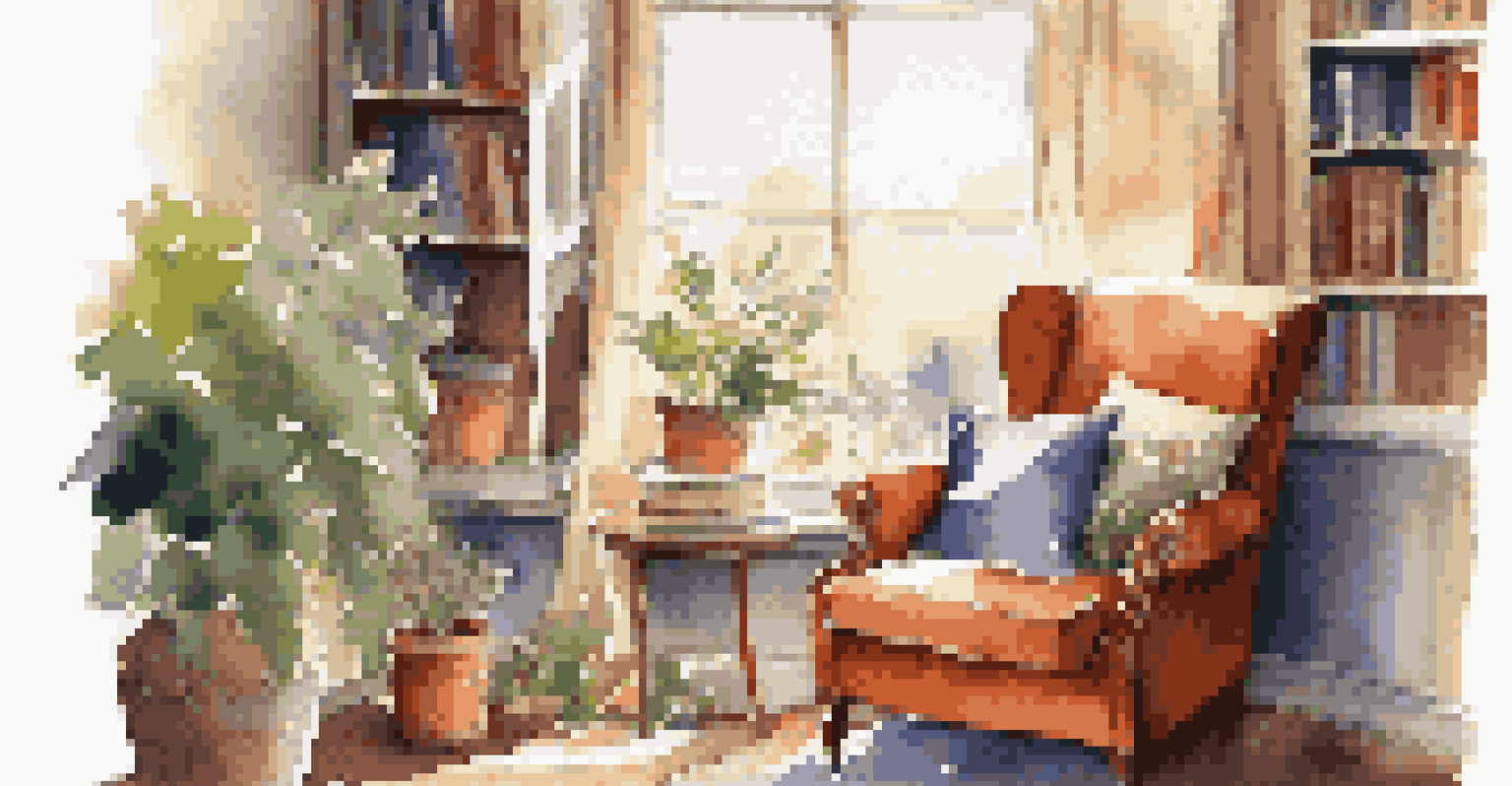 A warm reading nook with a comfortable armchair, books, and sunlight streaming through the window.