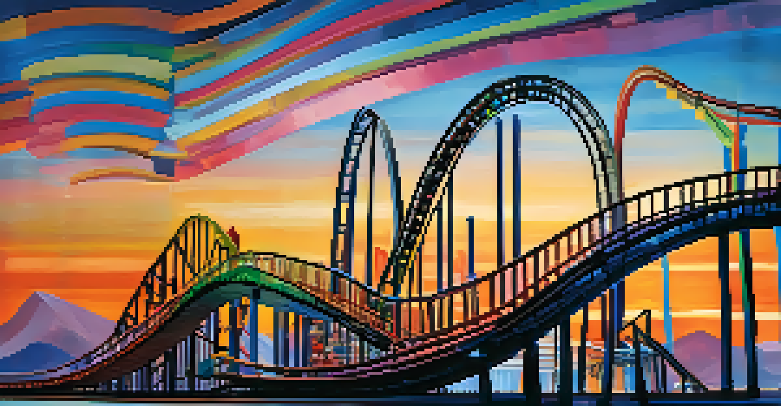 An abstract representation of stock market volatility, showing a roller coaster with rising and falling stock graphs in a sunset sky.