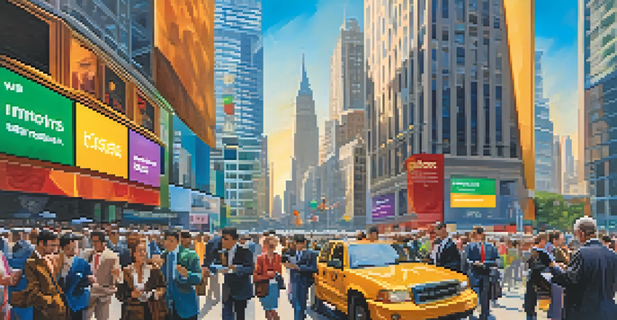A busy financial district with skyscrapers and diverse investors checking news on smartphones, reflecting various emotions.