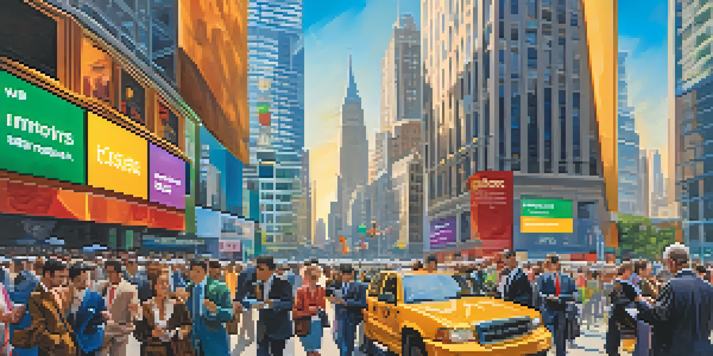 A busy financial district with skyscrapers and diverse investors checking news on smartphones, reflecting various emotions.