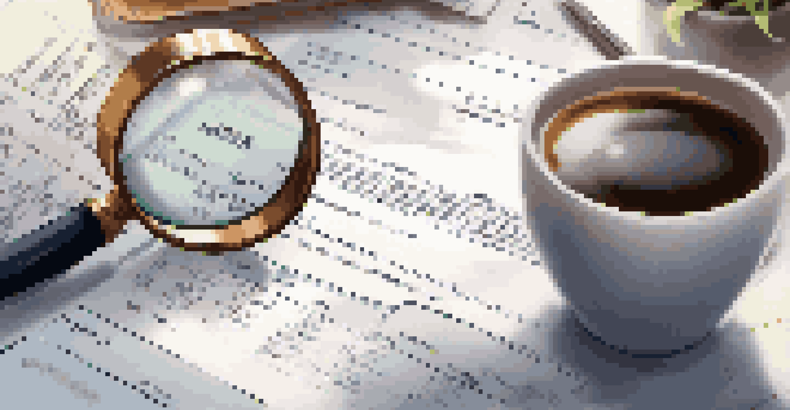A hand holding a magnifying glass over financial metrics on a document, with a blurred office background.