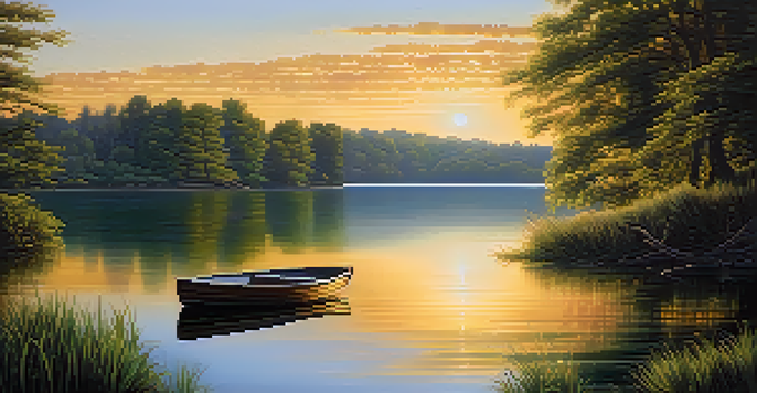 A peaceful lake scene with lush trees and a sunset, featuring a small wooden boat on the water.
