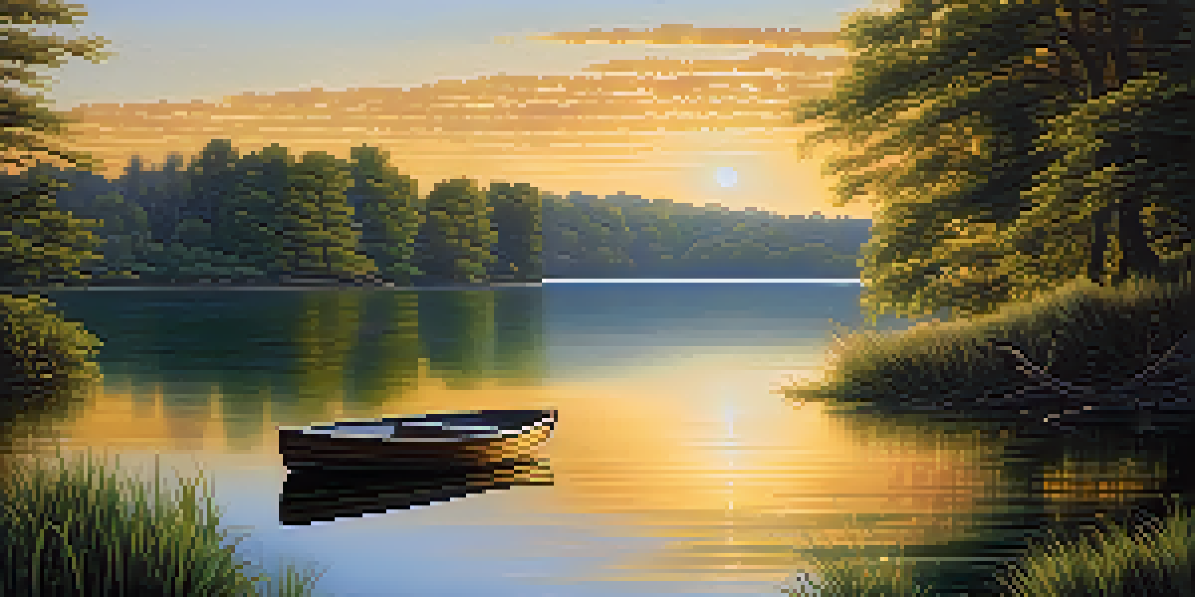 A peaceful lake scene with lush trees and a sunset, featuring a small wooden boat on the water.