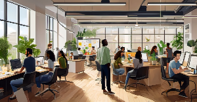 A diverse group of entrepreneurs collaborating in a bright modern office, surrounded by laptops and notes, with plants in the background.