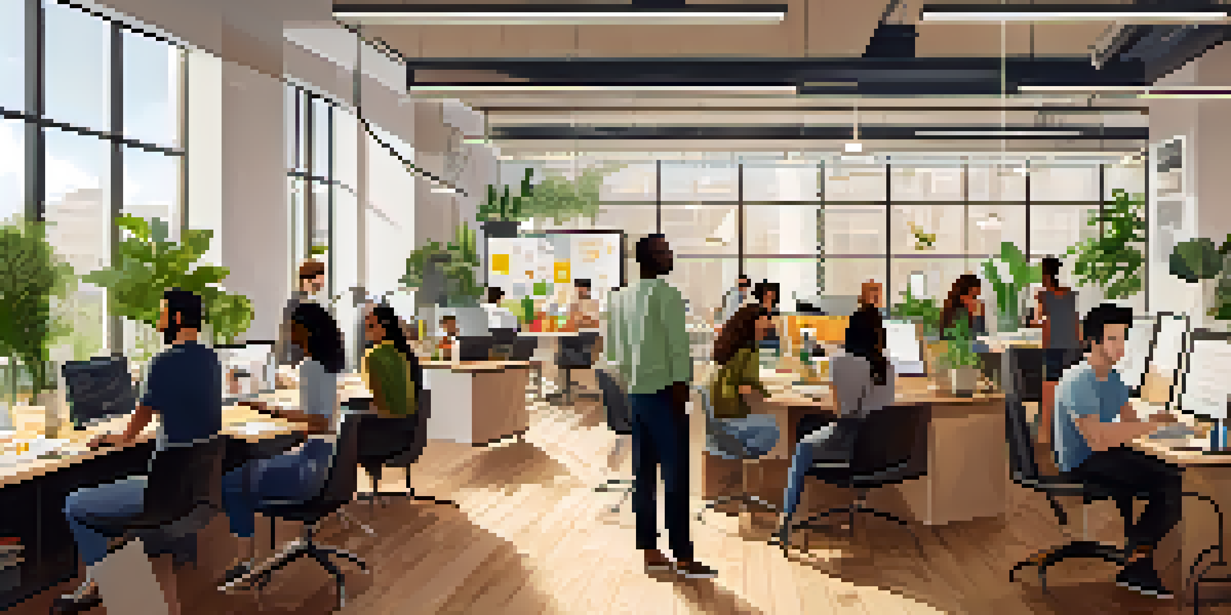 A diverse group of entrepreneurs collaborating in a bright modern office, surrounded by laptops and notes, with plants in the background.