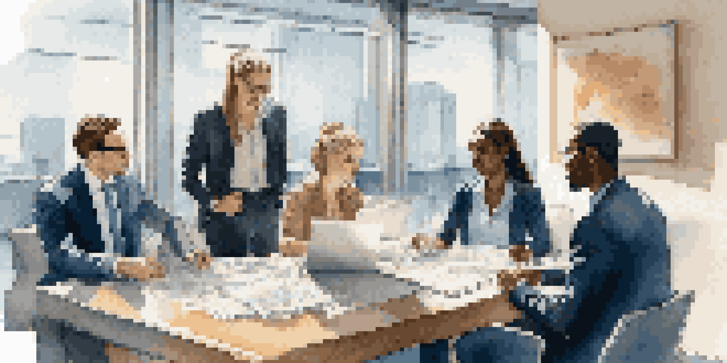 A diverse group of individuals engaging in a serious discussion around a table filled with financial documents and a laptop, in a well-lit modern office.