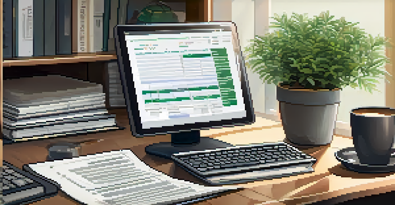 A tidy desk of a compliance officer with a computer displaying financial reports and compliance documents.