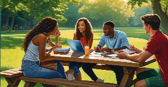 A diverse group of young adults sitting at a picnic table in a sunny outdoor setting, discussing investments with a laptop and notebooks.