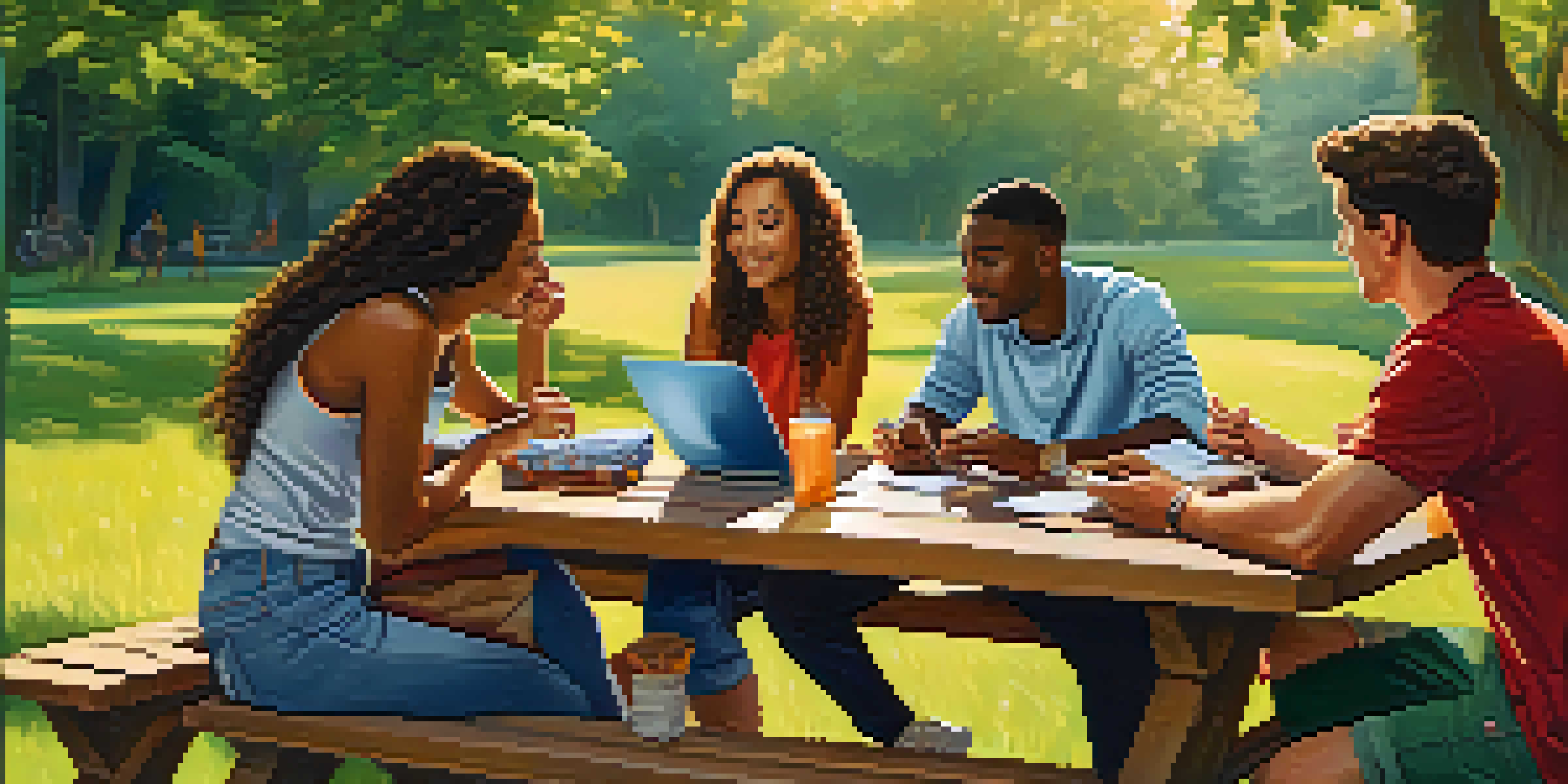A diverse group of young adults sitting at a picnic table in a sunny outdoor setting, discussing investments with a laptop and notebooks.
