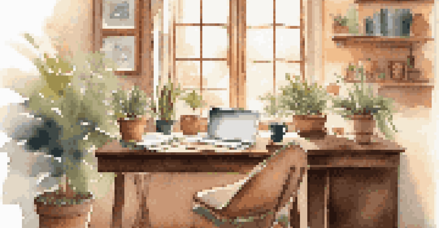A cozy study area with a wooden desk, an open laptop, a cup of coffee, and plants, lit by natural sunlight.