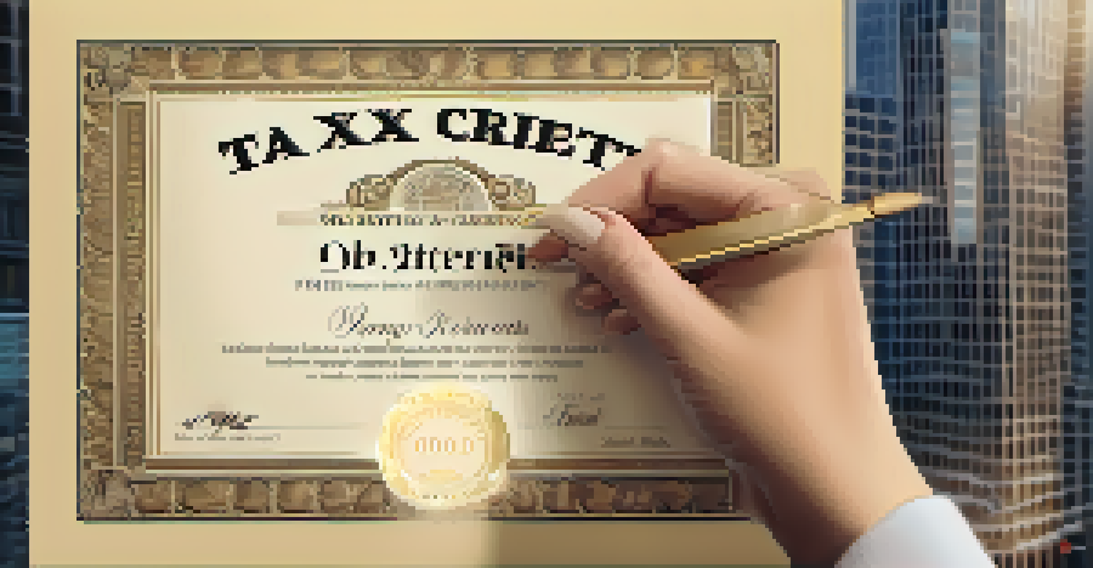 A close-up of a hand holding a golden tax credit certificate against a blurred financial district backdrop.