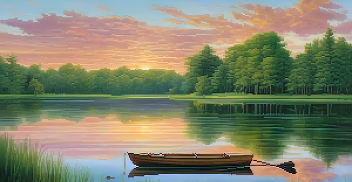 A peaceful sunset over a lake with a wooden rowboat, surrounded by green trees.