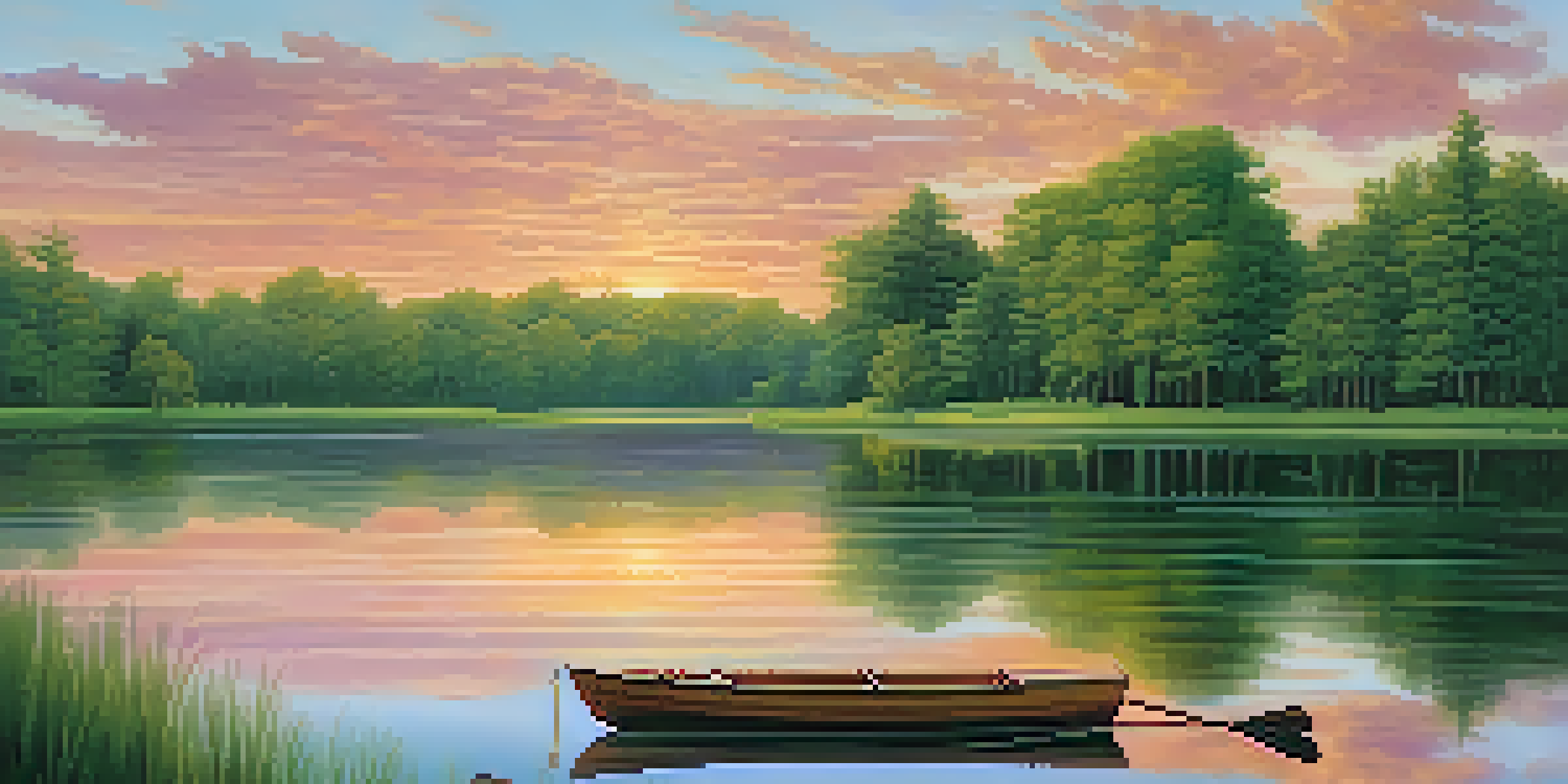 A peaceful sunset over a lake with a wooden rowboat, surrounded by green trees.