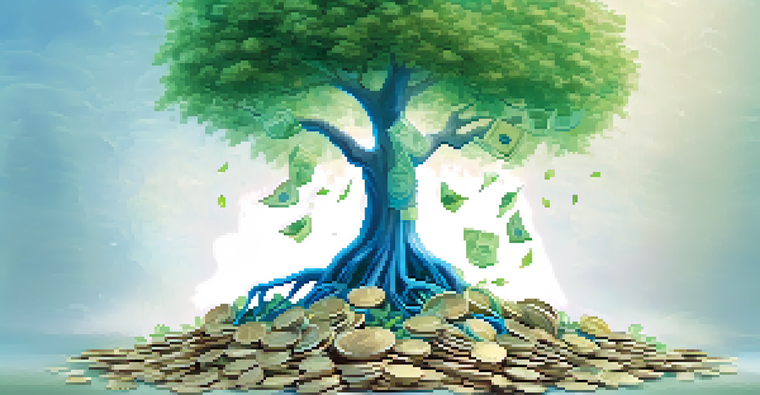 An artistic tree symbolizing financial security, with roots of currency symbols and colorful leaves.