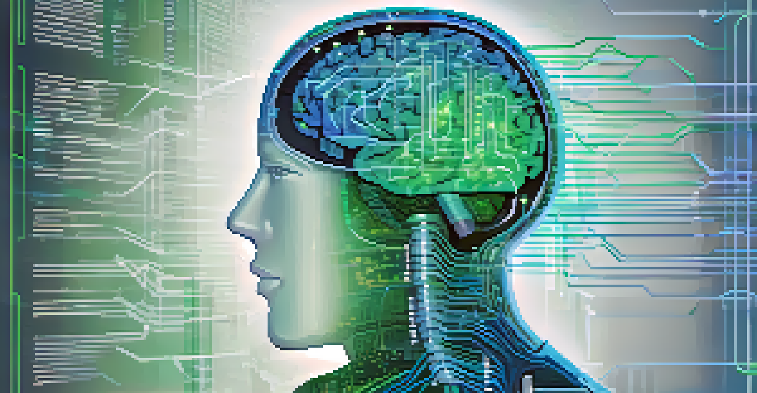 An abstract digital brain with circuits and stock market charts representing AI in finance.