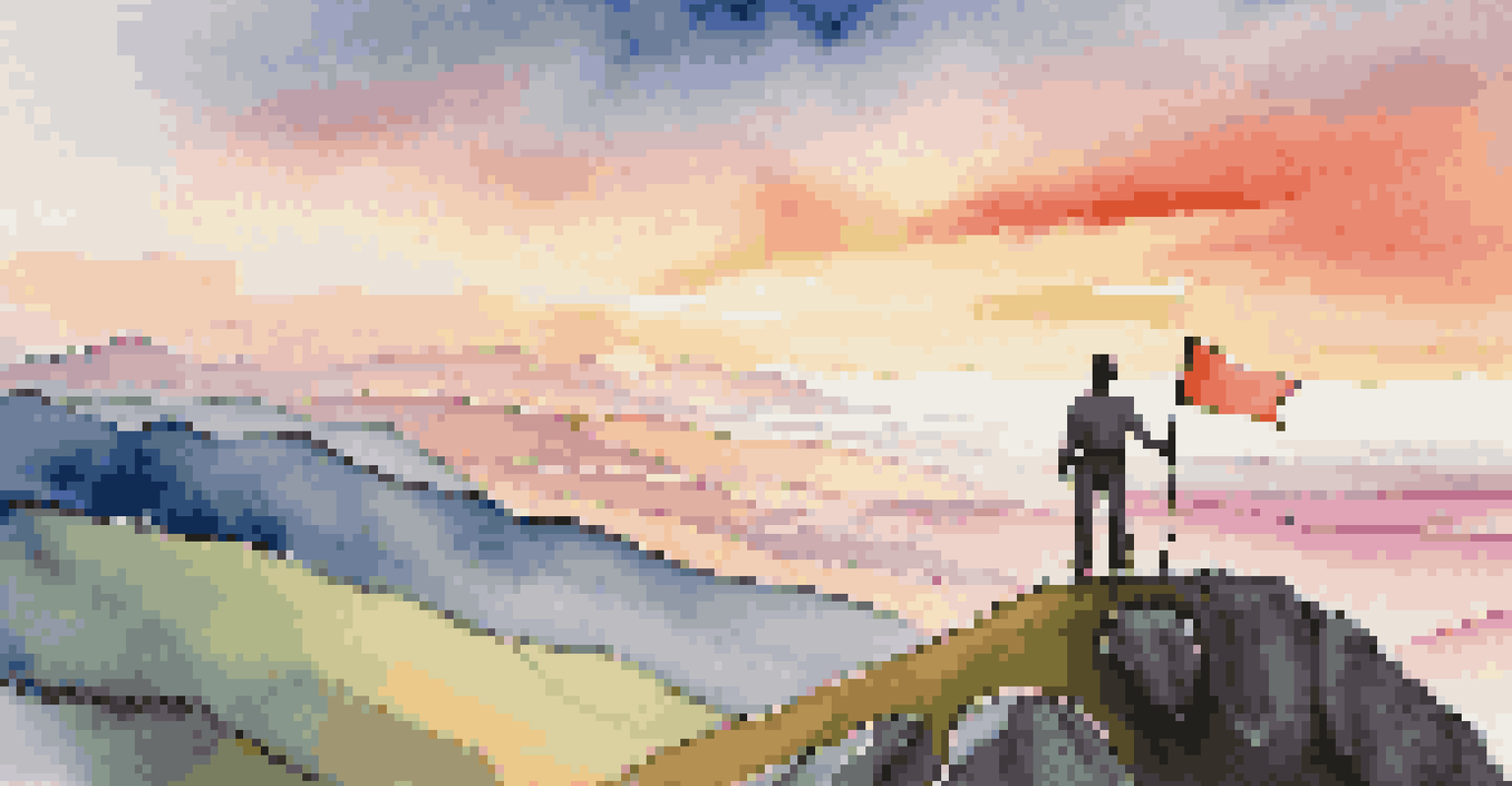 A person on a mountain top at sunrise holding a flag that symbolizes financial success, overlooking a beautiful landscape.