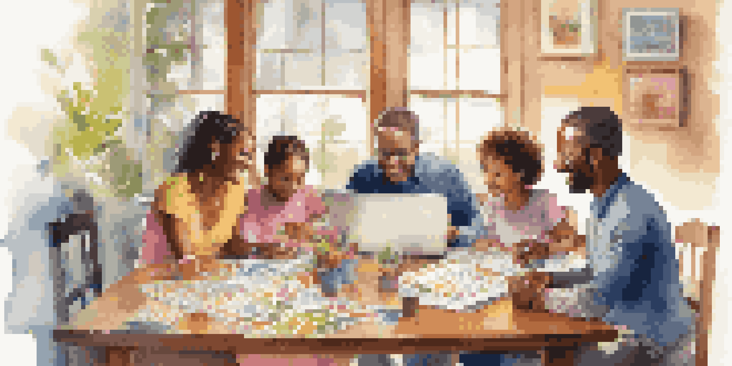 A family of diverse ages sitting around a table, discussing their budget with a chart and various financial tools.