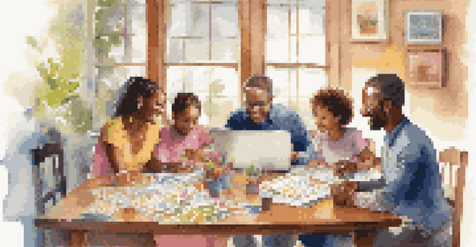 A family of diverse ages sitting around a table, discussing their budget with a chart and various financial tools.