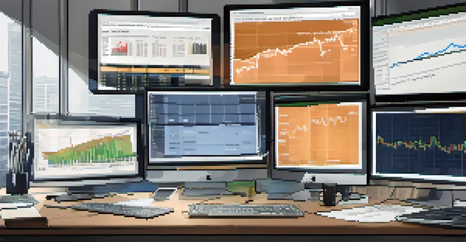 A financial analyst's desk with multiple screens showing economic data, currency graphs, and a notepad beside a cup of coffee.