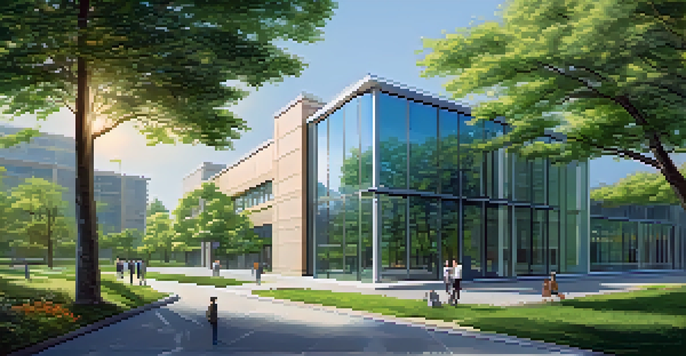A modern office building surrounded by greenery and people walking along a path under a clear blue sky.
