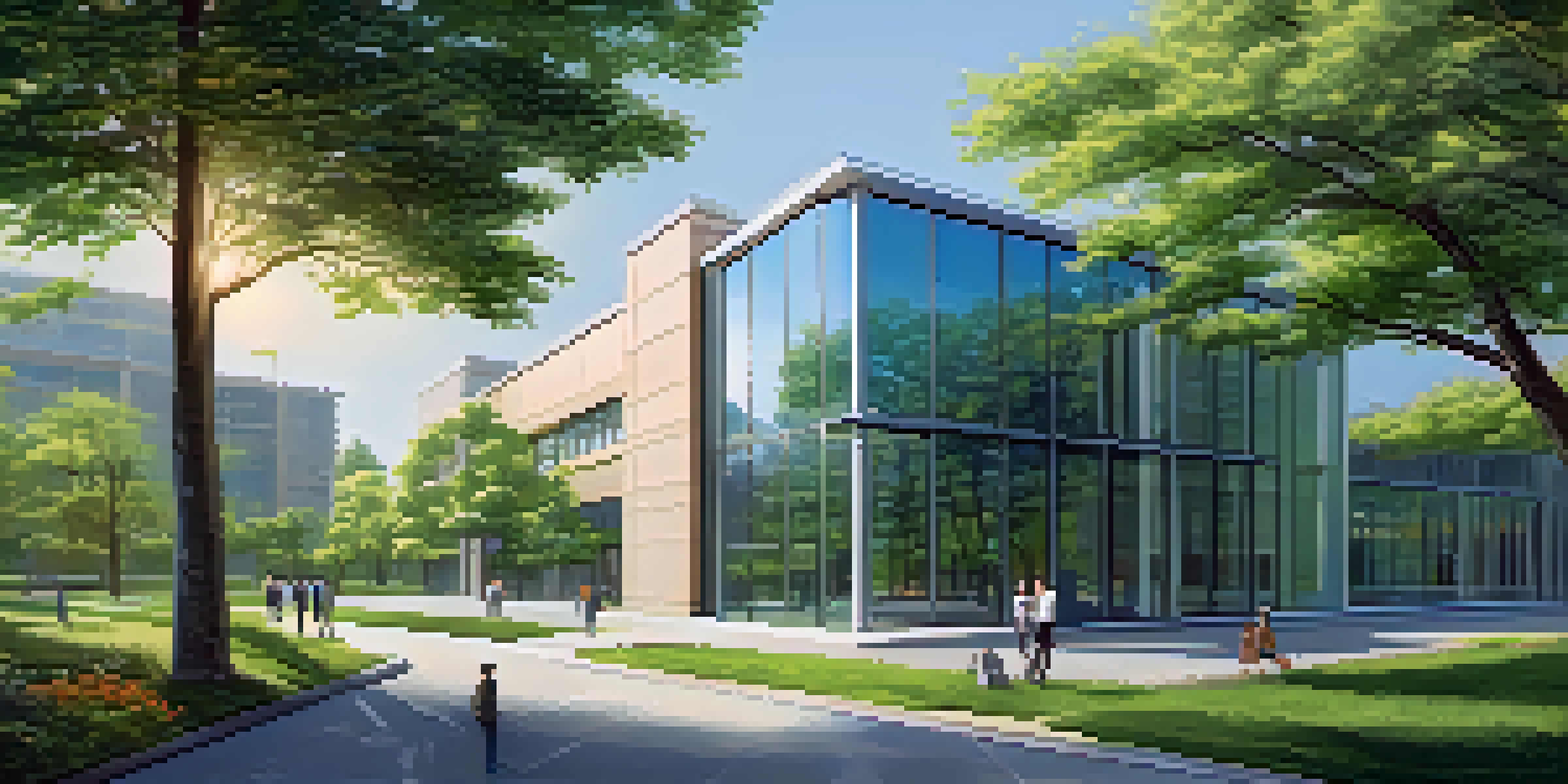 A modern office building surrounded by greenery and people walking along a path under a clear blue sky.