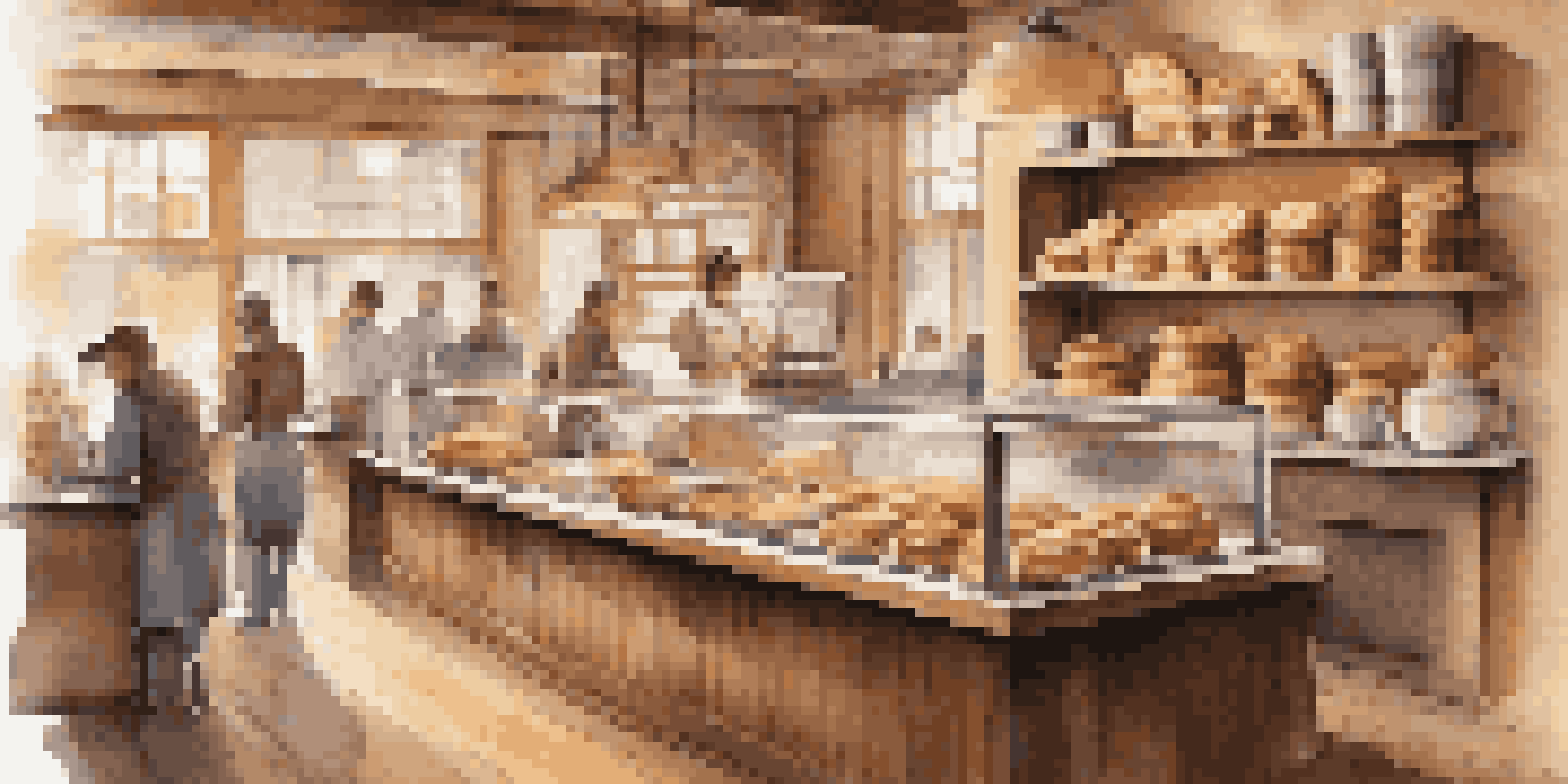 A cozy bakery interior with shelves of freshly baked goods and a barista preparing coffee, illuminated by warm natural light.