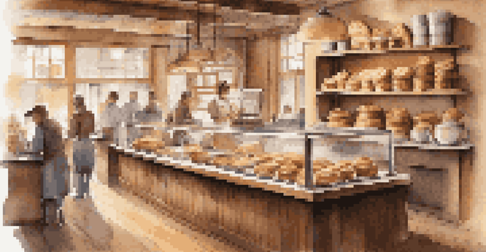 A cozy bakery interior with shelves of freshly baked goods and a barista preparing coffee, illuminated by warm natural light.