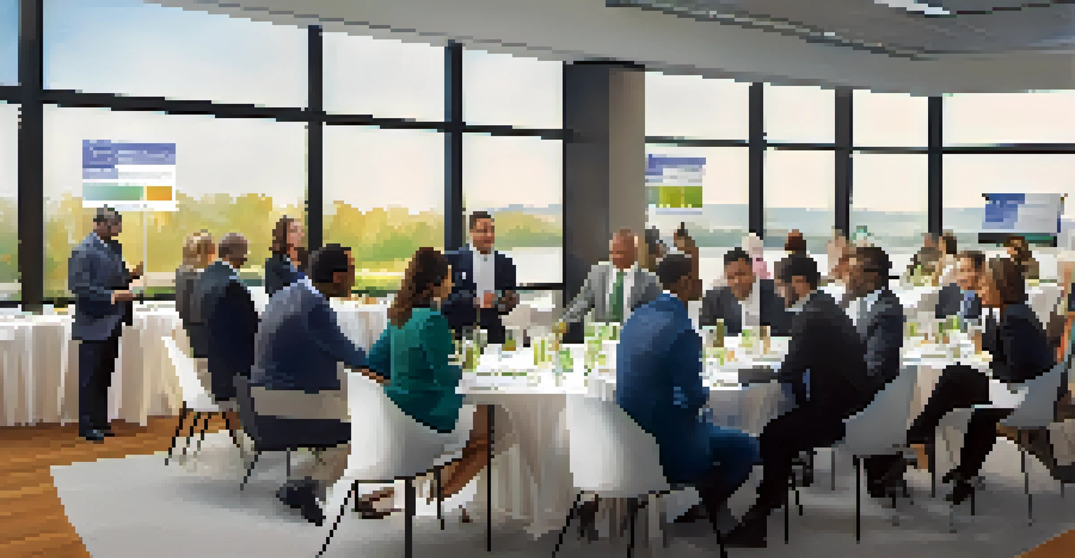 A networking event with diverse professionals discussing real estate investment in a conference room.