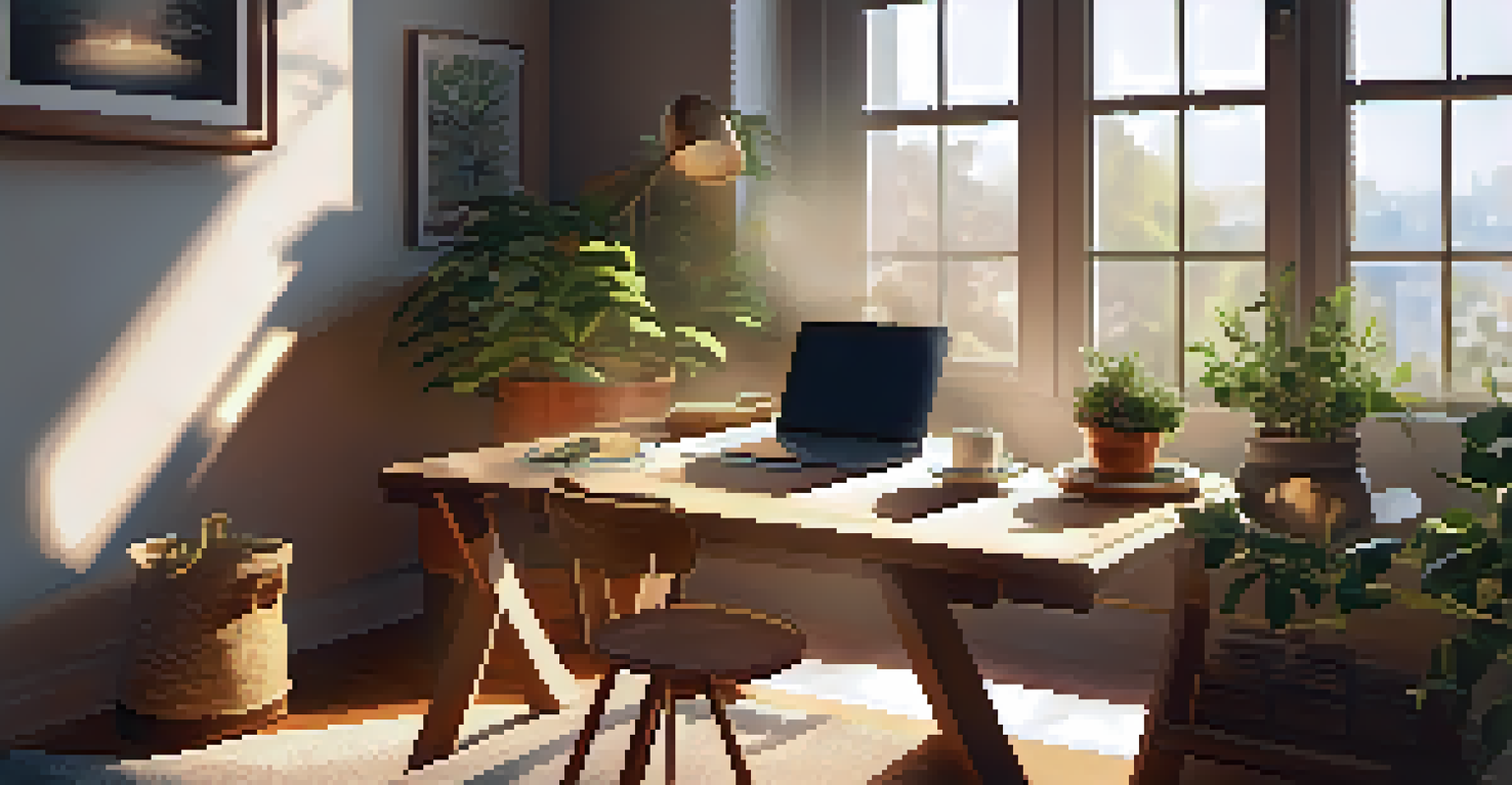 A cozy home office with a wooden desk, laptop, coffee cup, and a potted plant under sunlight.