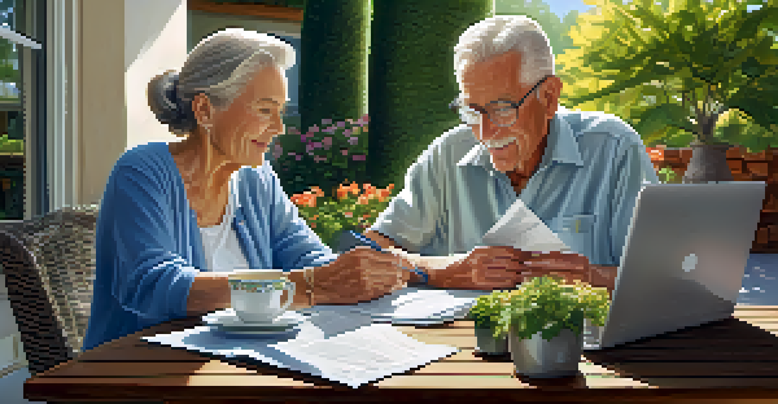 An elderly couple reviewing their retirement budget on a sunny patio with a laptop and paperwork, surrounded by a garden.