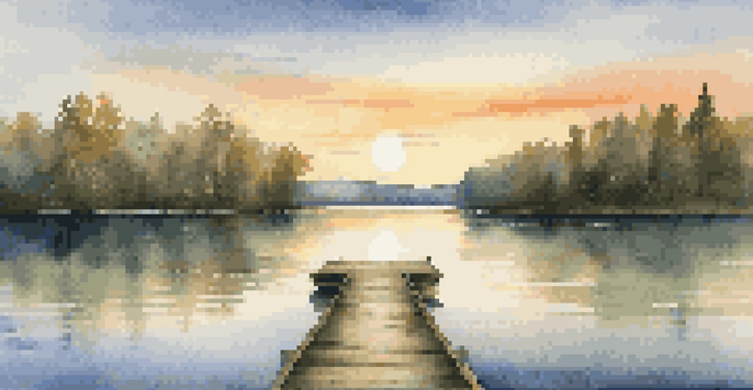 A peaceful lake scene with forests and a sunset, featuring a wooden dock extending into the water.