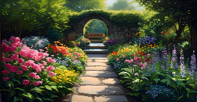 A peaceful garden filled with blooming flowers and lush green trees, with sunlight creating shadows on a pathway.