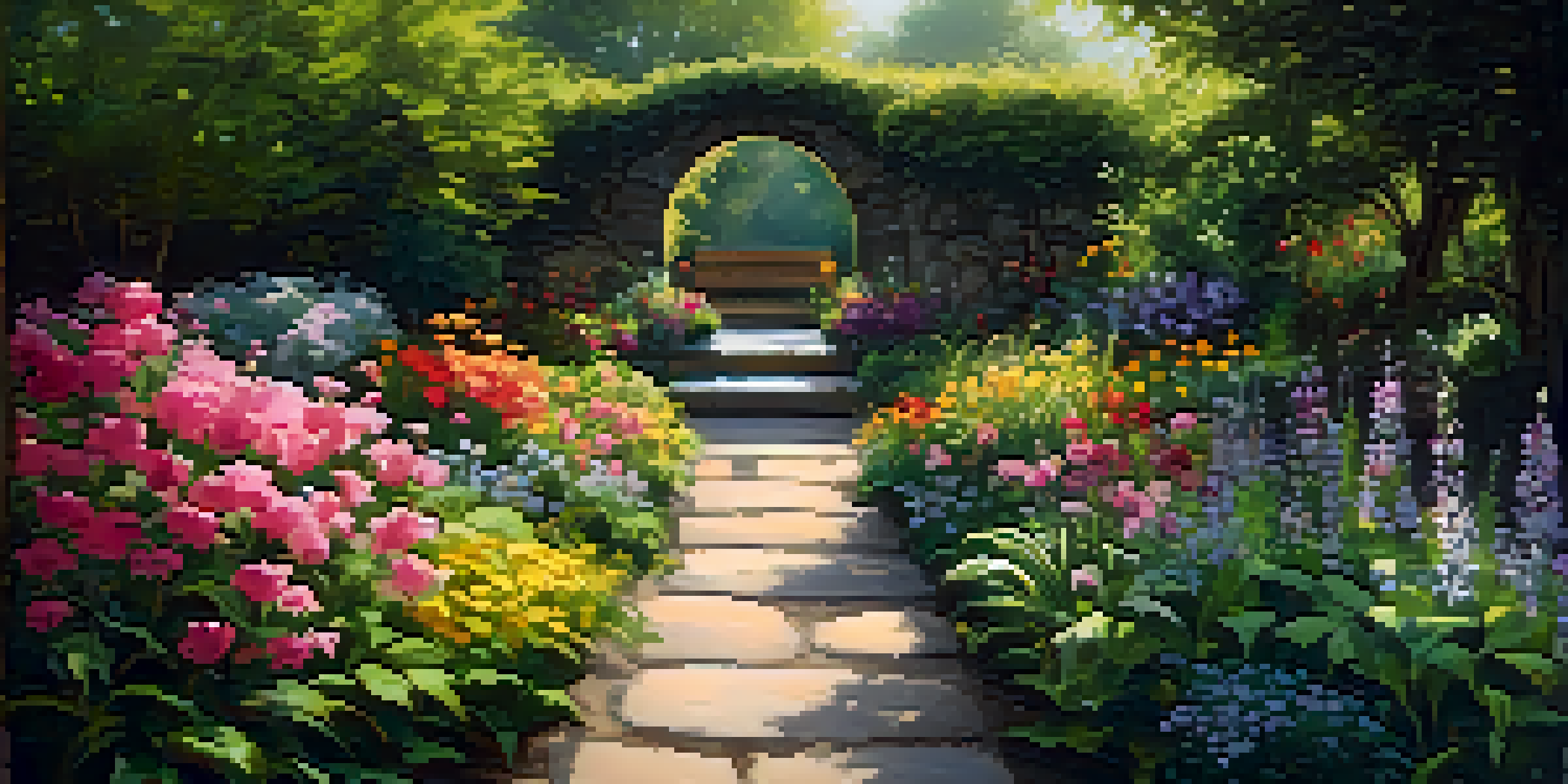 A peaceful garden filled with blooming flowers and lush green trees, with sunlight creating shadows on a pathway.