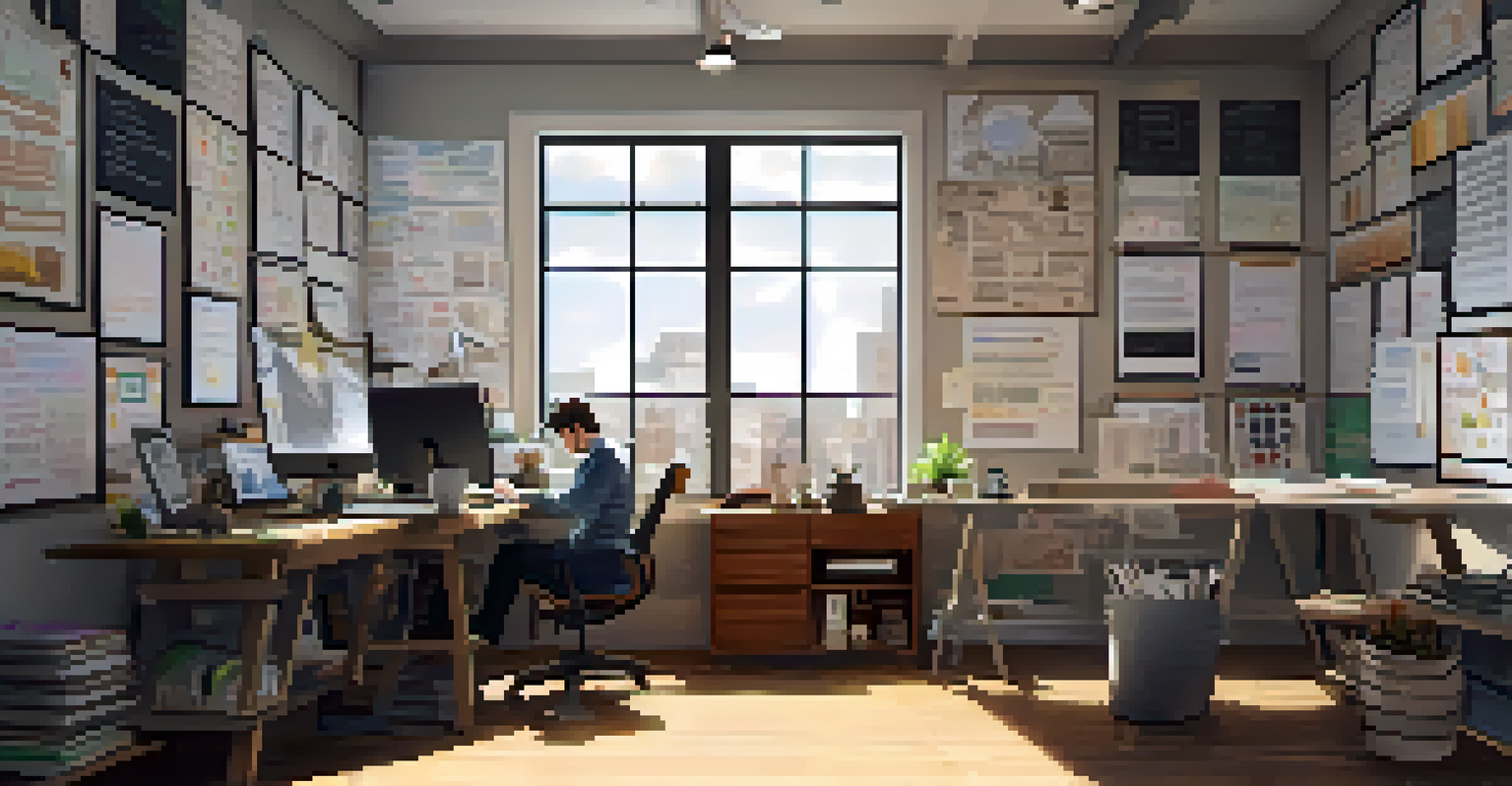 A creator deeply focused on market research in a well-lit workspace filled with sketches and inspiring quotes.