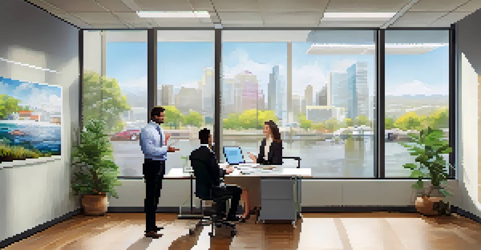 A business professional discussing insurance options with a client in a modern office setting.
