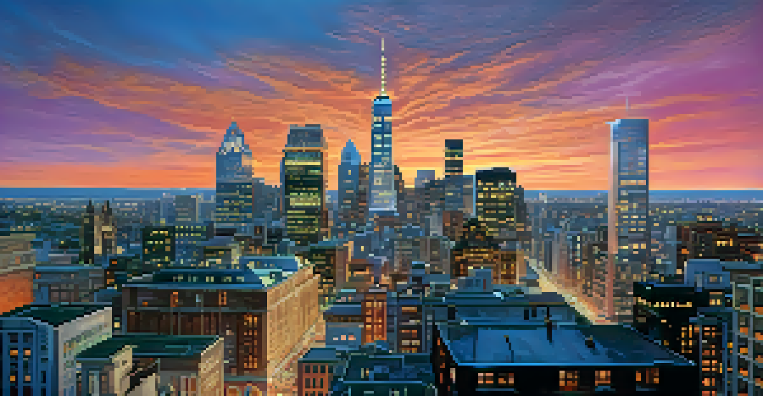 A colorful city skyline at sunset with modern buildings and a gradient sky.