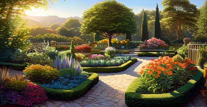 A colorful garden symbolizing investment diversification, with various plants under warm sunlight.