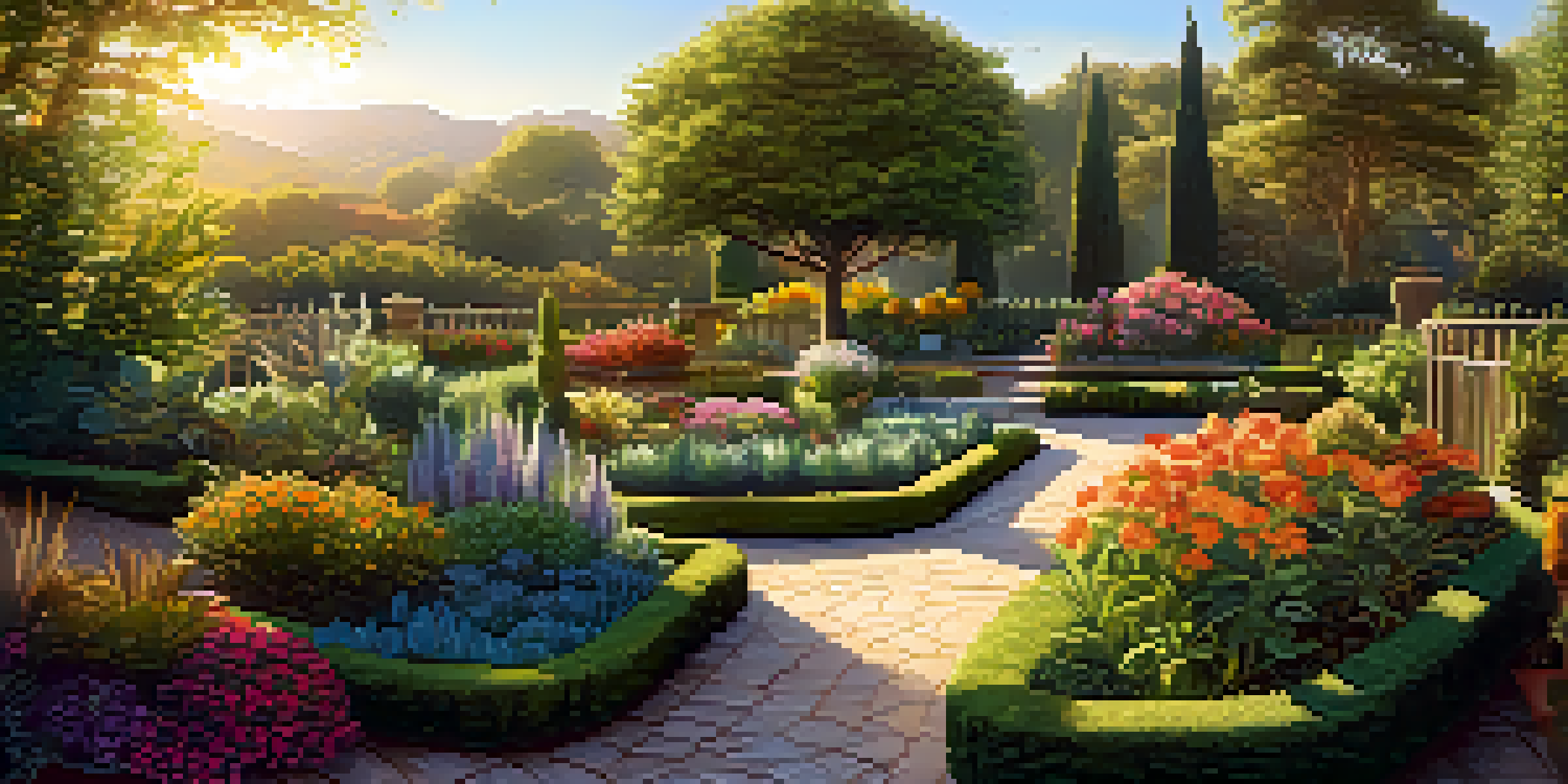 A colorful garden symbolizing investment diversification, with various plants under warm sunlight.