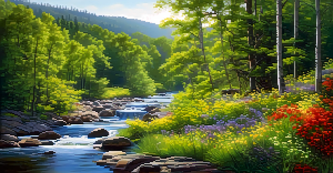 A peaceful forest scene with a winding river, colorful wildflowers, and sunlight filtering through the trees.